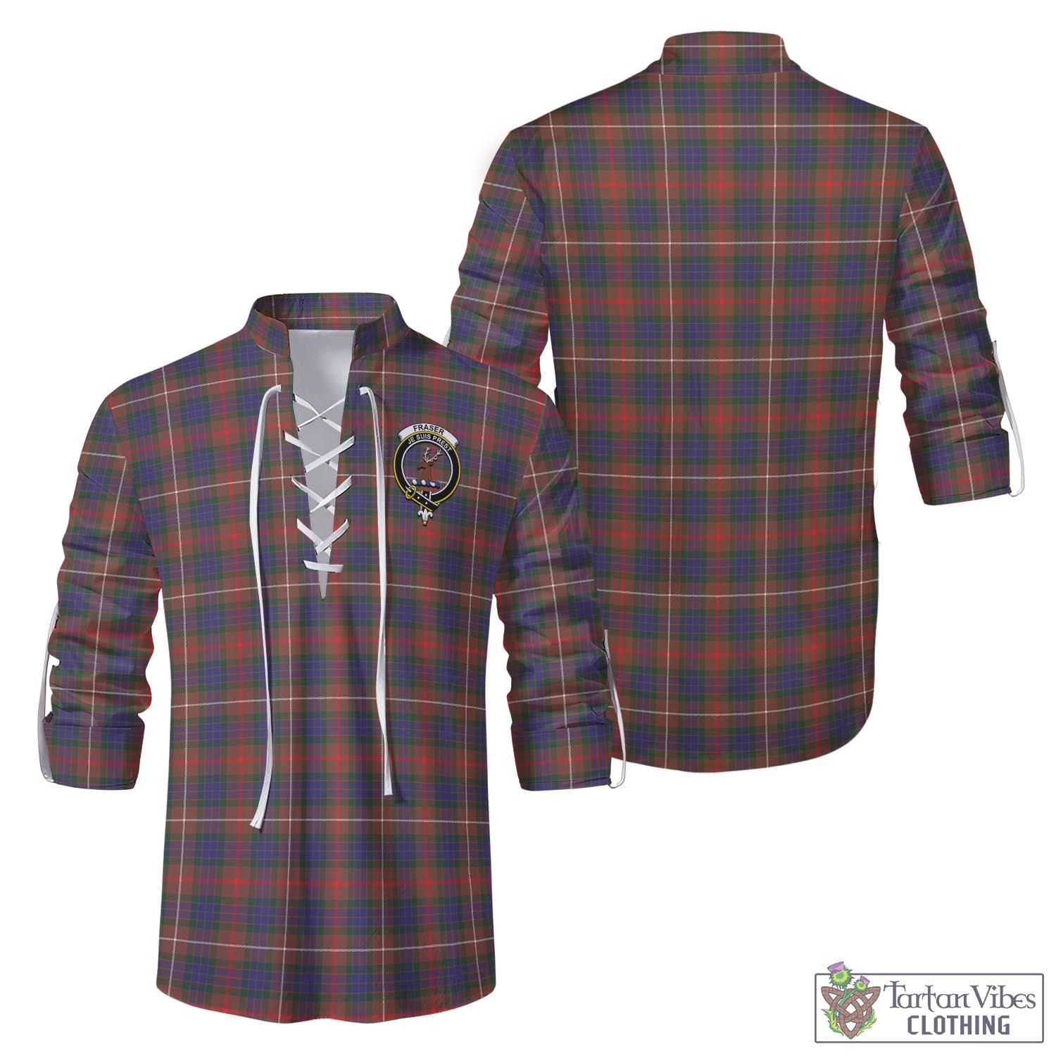 Tartan Vibes Clothing Fraser Hunting Modern Tartan Men's Scottish Traditional Jacobite Ghillie Kilt Shirt with Family Crest