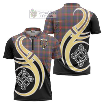Fraser Hunting Modern Tartan Zipper Polo Shirt with Family Crest and Celtic Symbol Style