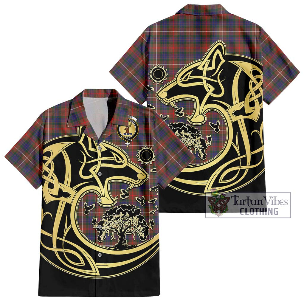 Fraser Hunting Modern Tartan Short Sleeve Button Shirt with Family Crest Celtic Wolf Style Kid - Tartan Vibes Clothing