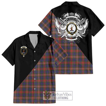 Fraser Hunting Modern Tartan Short Sleeve Button Shirt with Family Crest and Military Logo Style