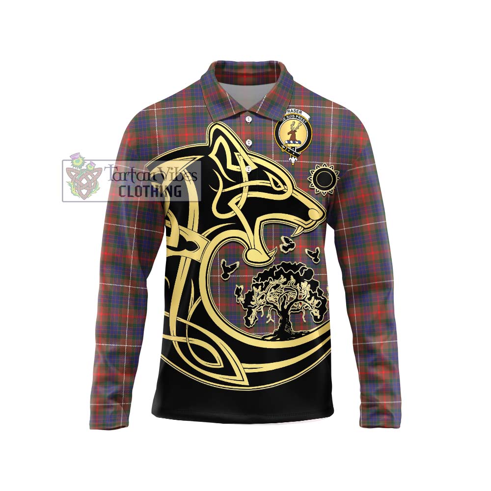 Fraser Hunting Modern Tartan Long Sleeve Polo Shirt with Family Crest Celtic Wolf Style Unisex - Tartanvibesclothing Shop