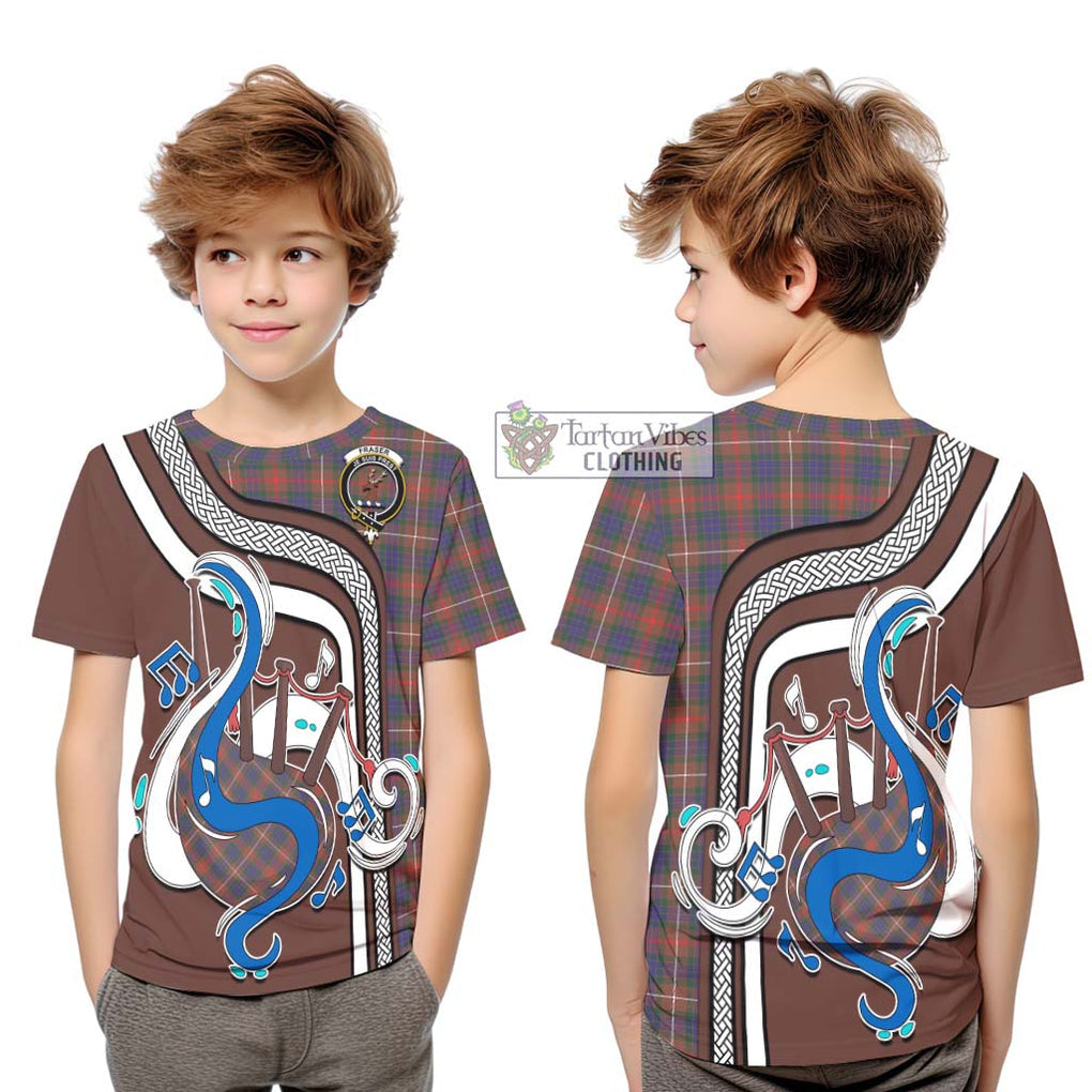 Tartan Vibes Clothing Fraser Hunting Modern Tartan Kid T-Shirt with Epic Bagpipe Style