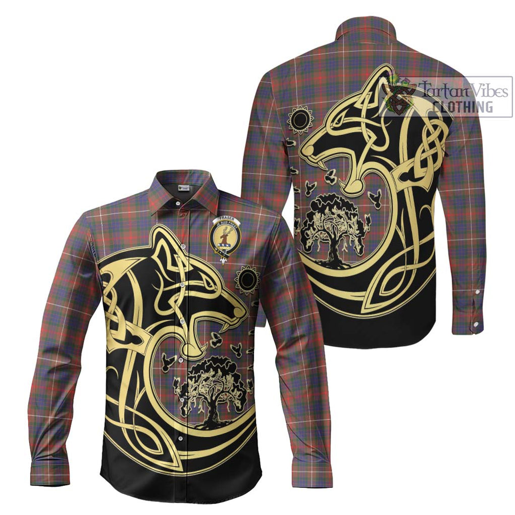 Fraser Hunting Modern Tartan Long Sleeve Button Shirt with Family Crest Celtic Wolf Style Men's Shirt S - Tartan Vibes Clothing