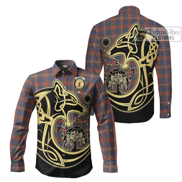 Fraser Hunting Modern Tartan Long Sleeve Button Shirt with Family Crest Celtic Wolf Style