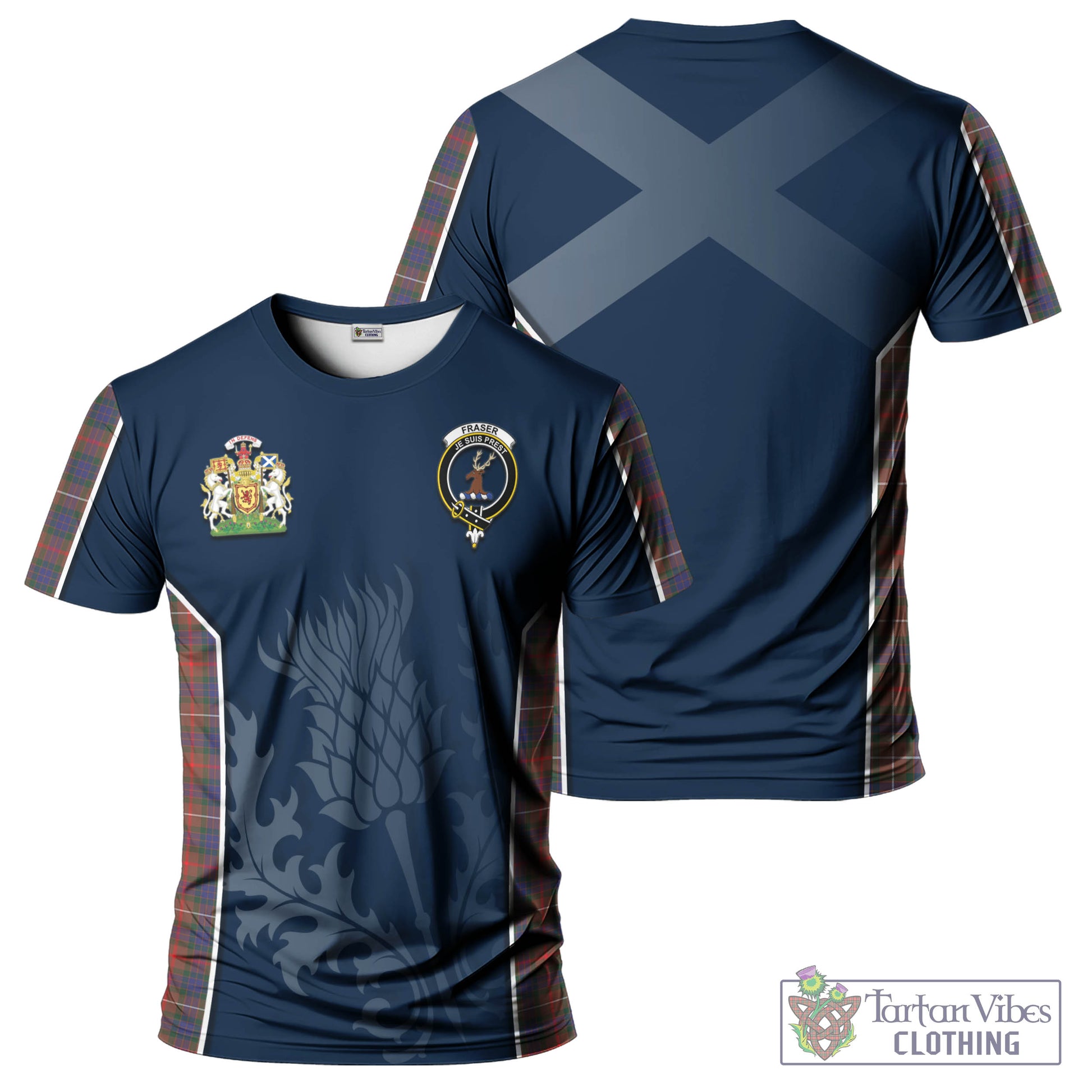 Tartan Vibes Clothing Fraser Hunting Modern Tartan T-Shirt with Family Crest and Scottish Thistle Vibes Sport Style