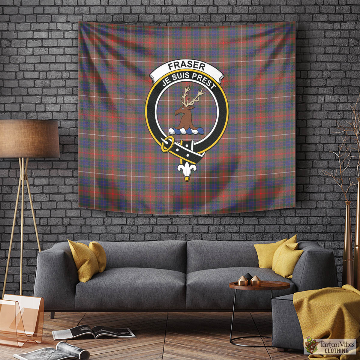 Tartan Vibes Clothing Fraser Hunting Modern Tartan Tapestry Wall Hanging and Home Decor for Room with Family Crest