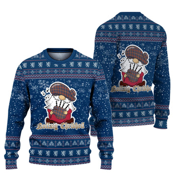 Fraser Hunting Modern Clan Christmas Family Knitted Sweater with Funny Gnome Playing Bagpipes