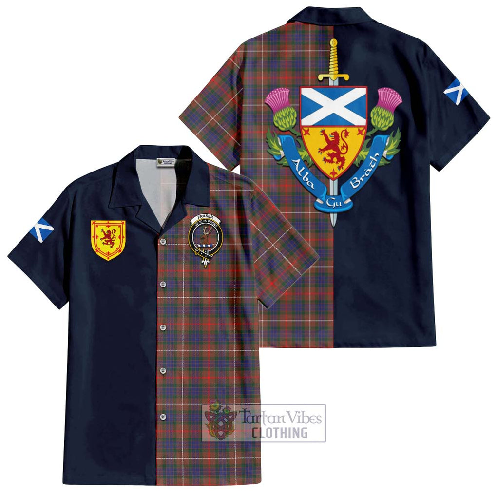 Tartan Vibes Clothing Fraser Hunting Modern Tartan Short Sleeve Button Shirt with Scottish Lion Royal Arm Half Style