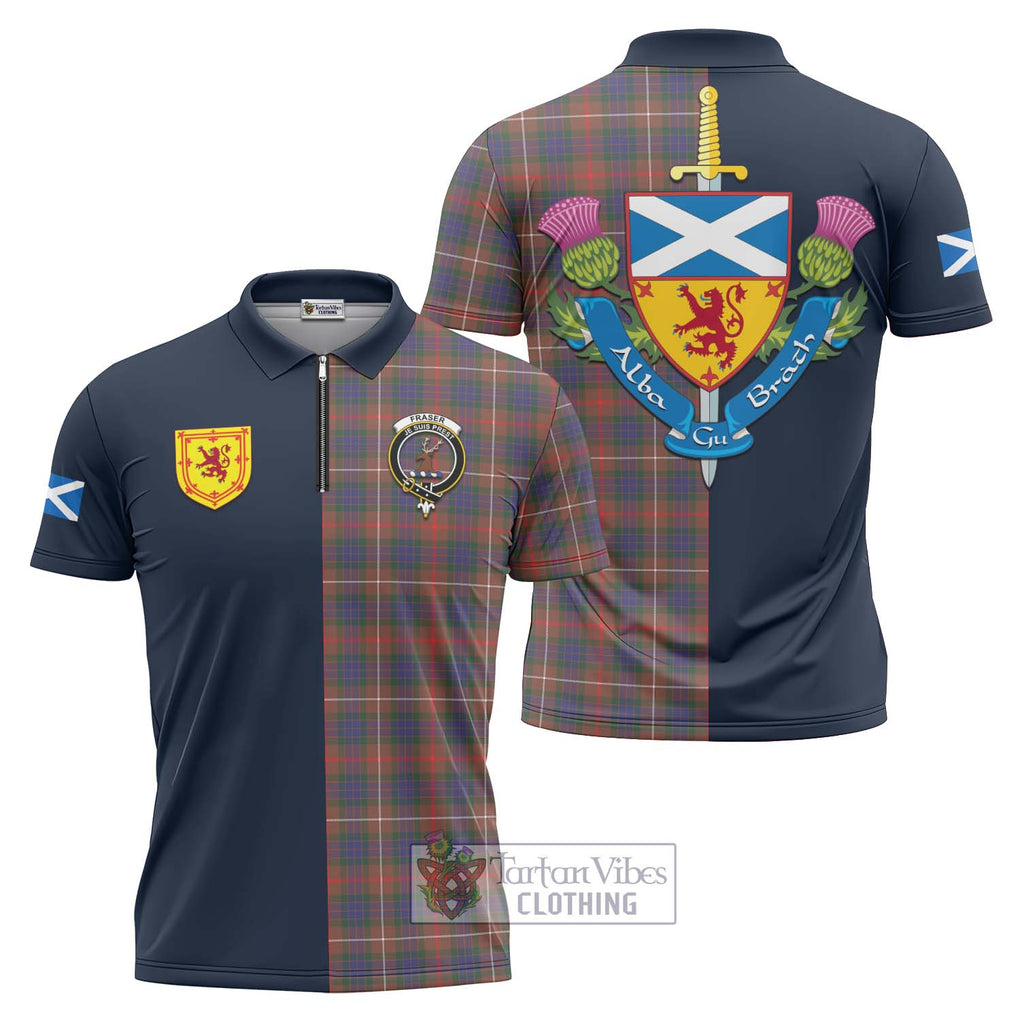 Tartan Vibes Clothing Fraser Hunting Modern Tartan Zipper Polo Shirt with Scottish Lion Royal Arm Half Style