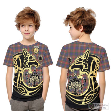 Fraser Hunting Modern Tartan Kid T-Shirt with Family Crest Celtic Wolf Style
