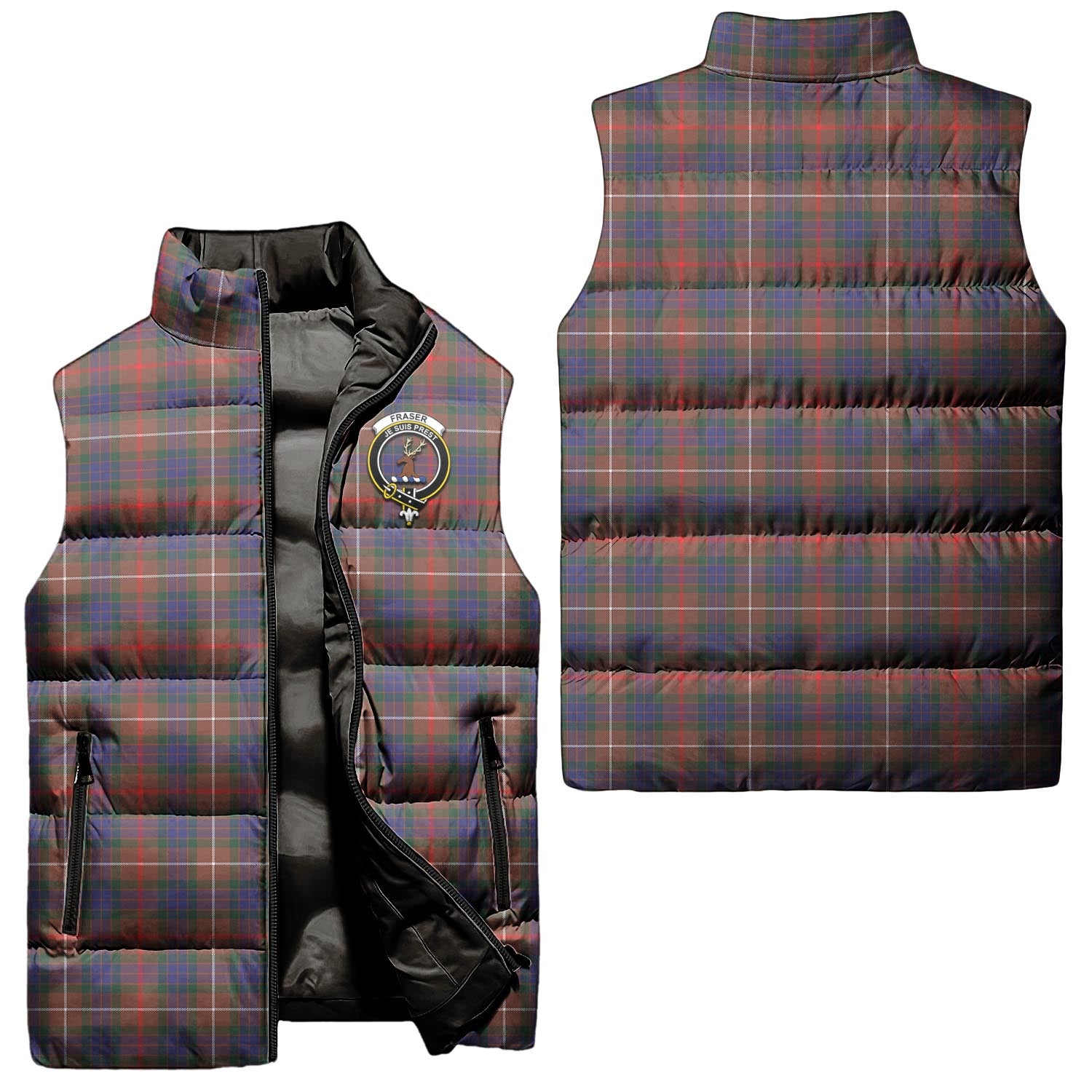 Fraser Hunting Modern Tartan Sleeveless Puffer Jacket with Family Crest Unisex - Tartanvibesclothing