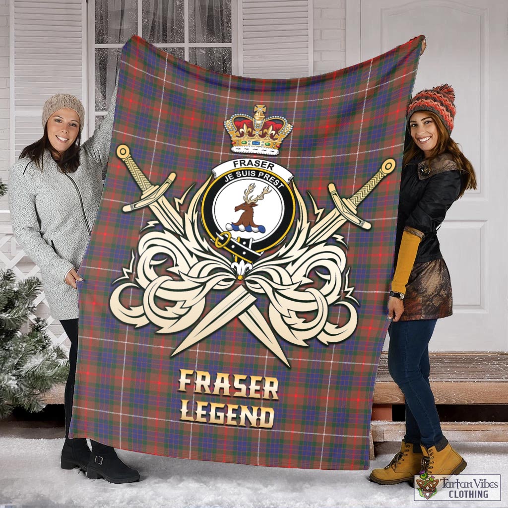 Tartan Vibes Clothing Fraser Hunting Modern Tartan Blanket with Clan Crest and the Golden Sword of Courageous Legacy