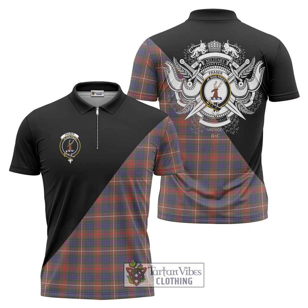 Fraser Hunting Modern Tartan Zipper Polo Shirt with Family Crest and Military Logo Style Unisex - Tartanvibesclothing Shop