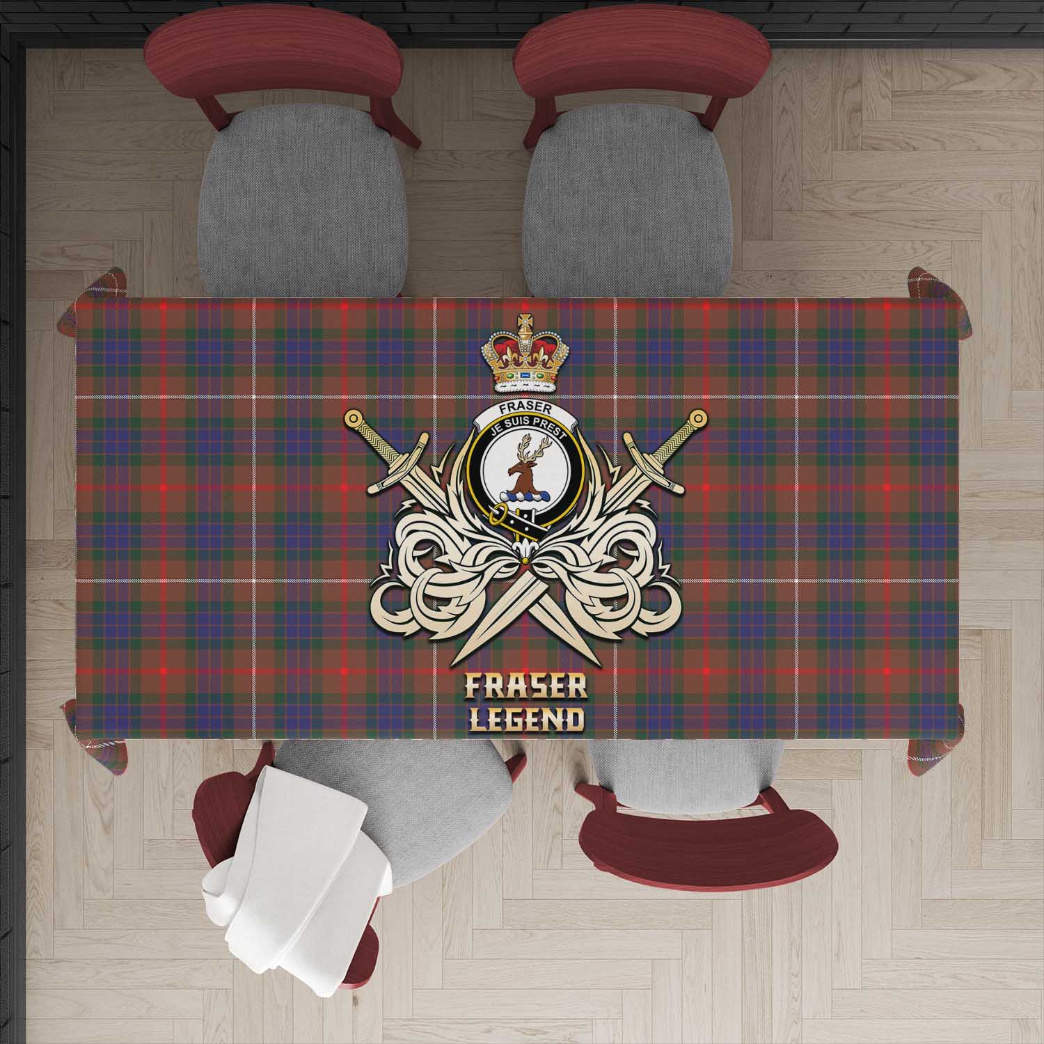 Tartan Vibes Clothing Fraser Hunting Modern Tartan Tablecloth with Clan Crest and the Golden Sword of Courageous Legacy