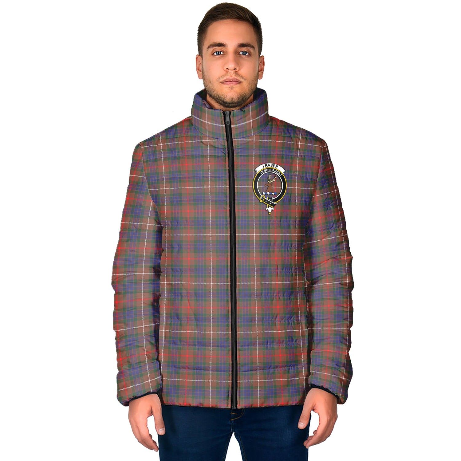 Fraser Hunting Modern Tartan Padded Jacket with Family Crest - Tartanvibesclothing