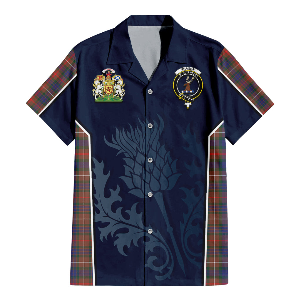 Tartan Vibes Clothing Fraser Hunting Modern Tartan Short Sleeve Button Up Shirt with Family Crest and Scottish Thistle Vibes Sport Style