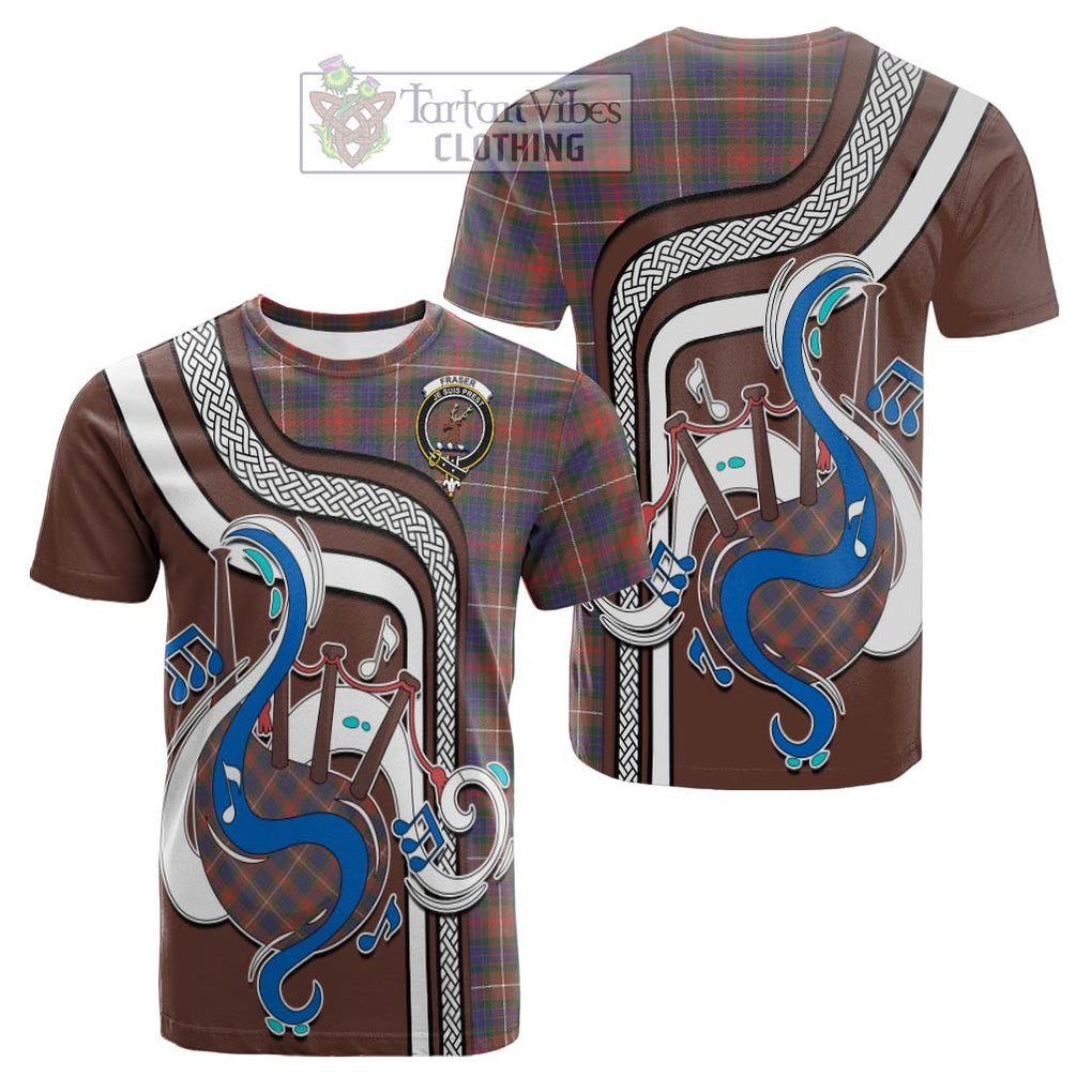 Tartan Vibes Clothing Fraser Hunting Modern Tartan Cotton T-shirt with Epic Bagpipe Style