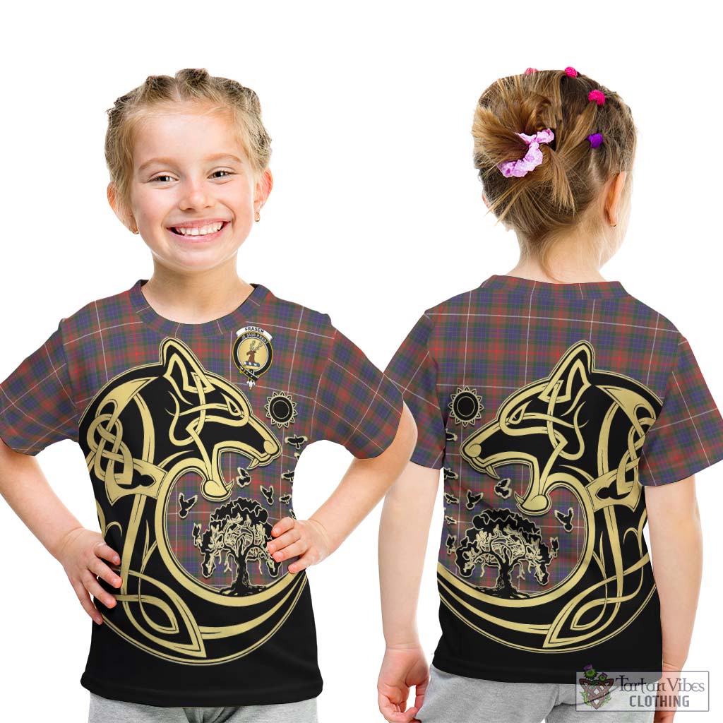 Tartan Vibes Clothing Fraser Hunting Modern Tartan Kid T-Shirt with Family Crest Celtic Wolf Style