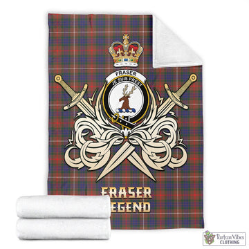 Fraser Hunting Modern Tartan Blanket with Clan Crest and the Golden Sword of Courageous Legacy