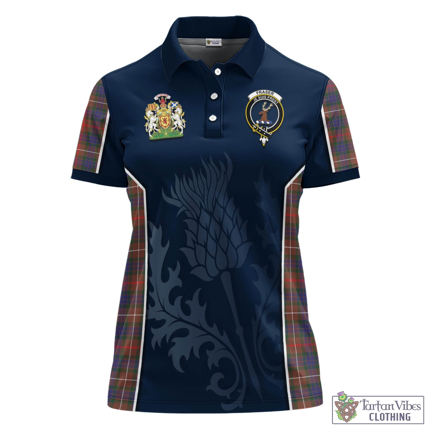 Tartan Vibes Clothing Fraser Hunting Modern Tartan Women's Polo Shirt with Family Crest and Scottish Thistle Vibes Sport Style