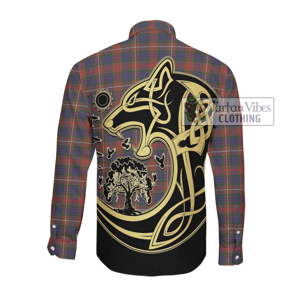 Fraser Hunting Modern Tartan Long Sleeve Button Shirt with Family Crest Celtic Wolf Style Men's Shirt - Tartan Vibes Clothing