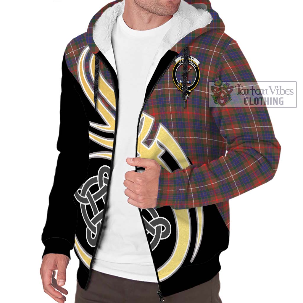 Fraser Hunting Modern Tartan Sherpa Hoodie with Family Crest and Celtic Symbol Style - Tartan Vibes Clothing