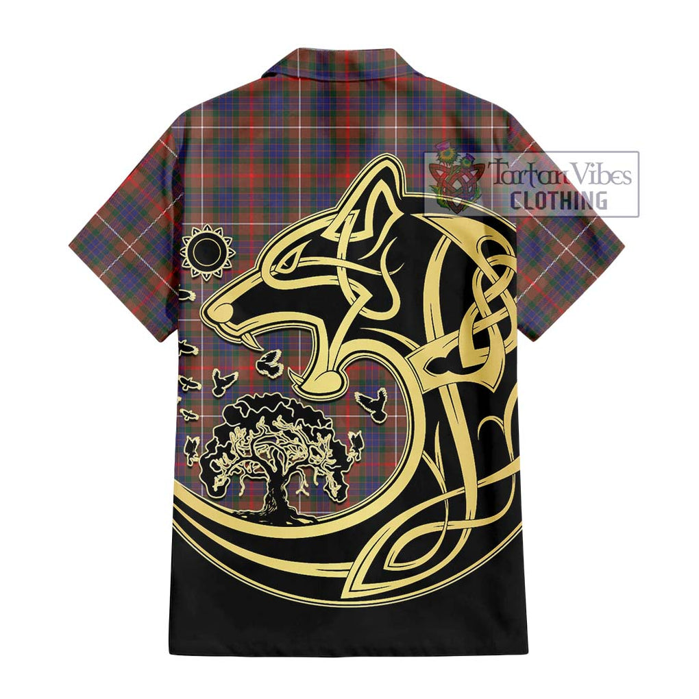 Fraser Hunting Modern Tartan Short Sleeve Button Shirt with Family Crest Celtic Wolf Style - Tartan Vibes Clothing