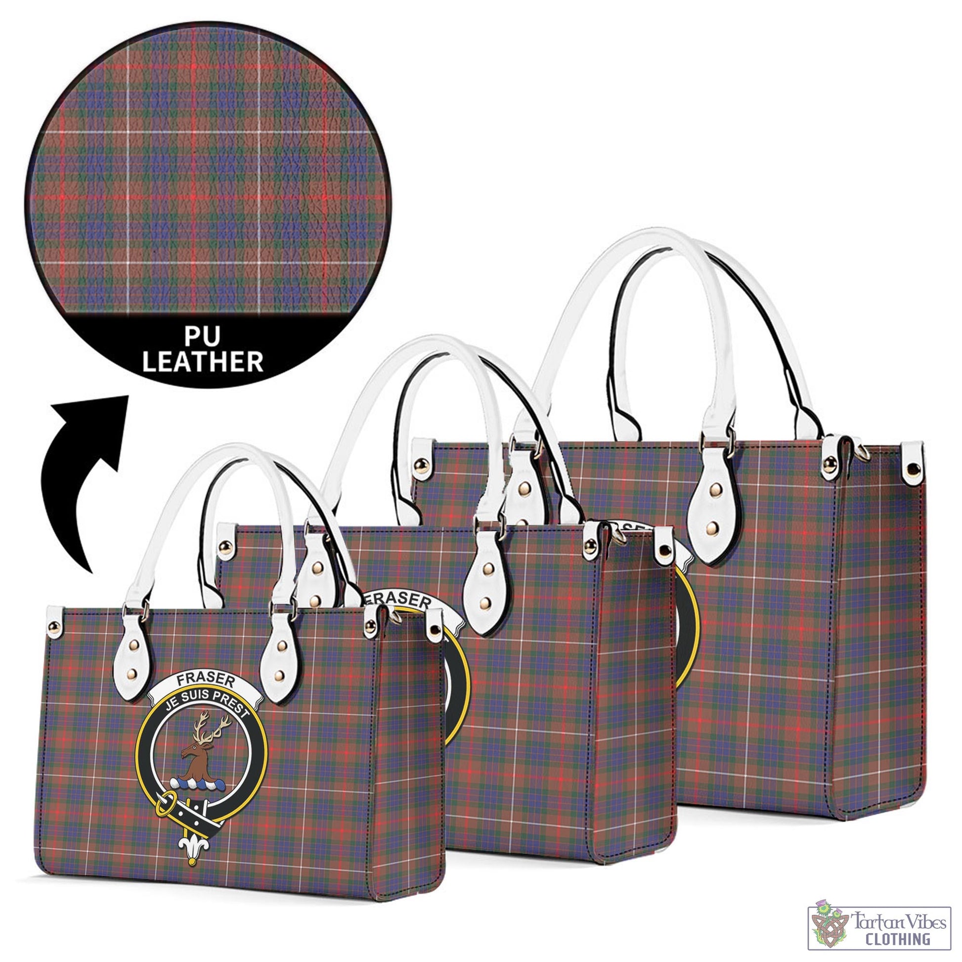 Tartan Vibes Clothing Fraser Hunting Modern Tartan Luxury Leather Handbags with Family Crest