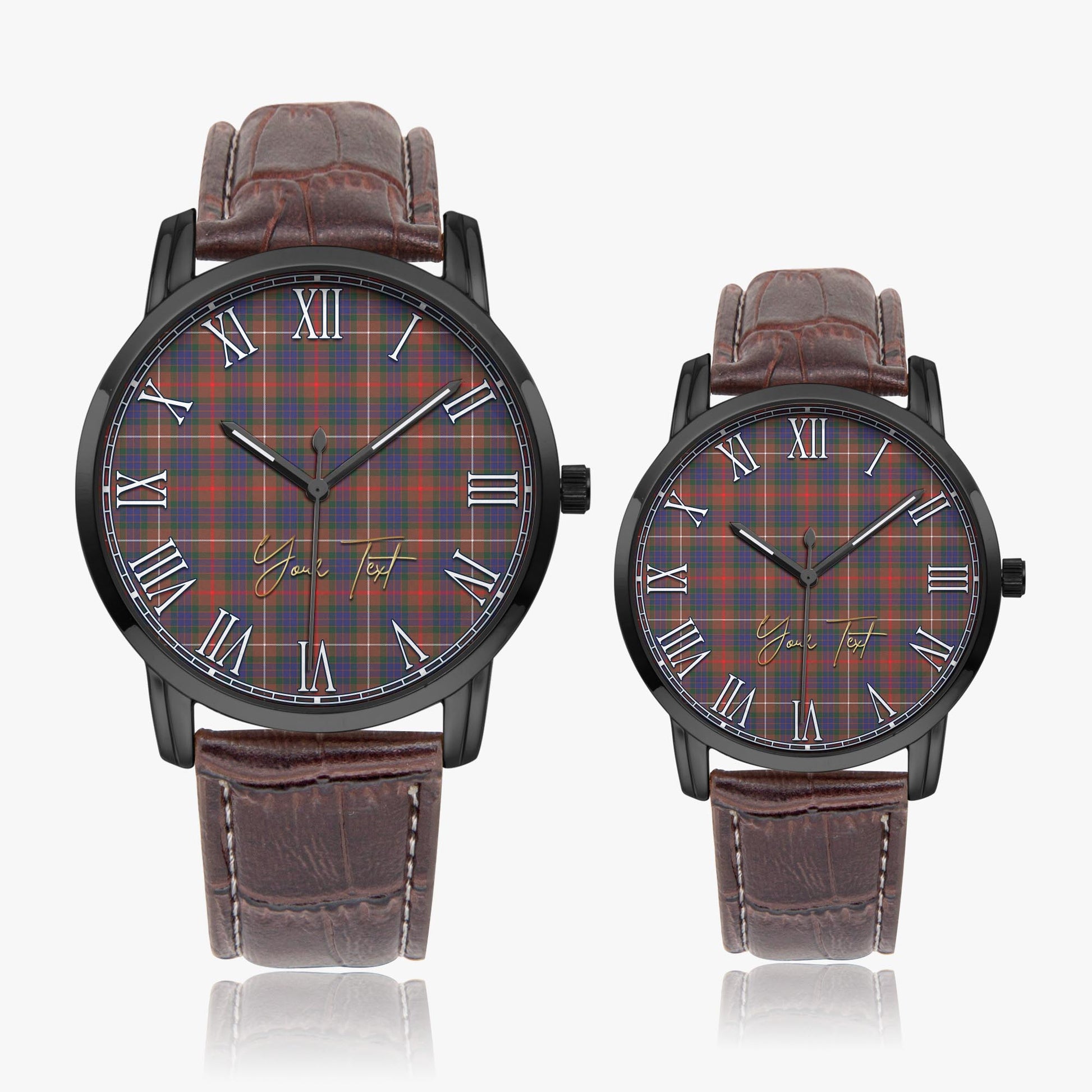 Fraser Hunting Modern Tartan Personalized Your Text Leather Trap Quartz Watch Wide Type Black Case With Brown Leather Strap - Tartanvibesclothing