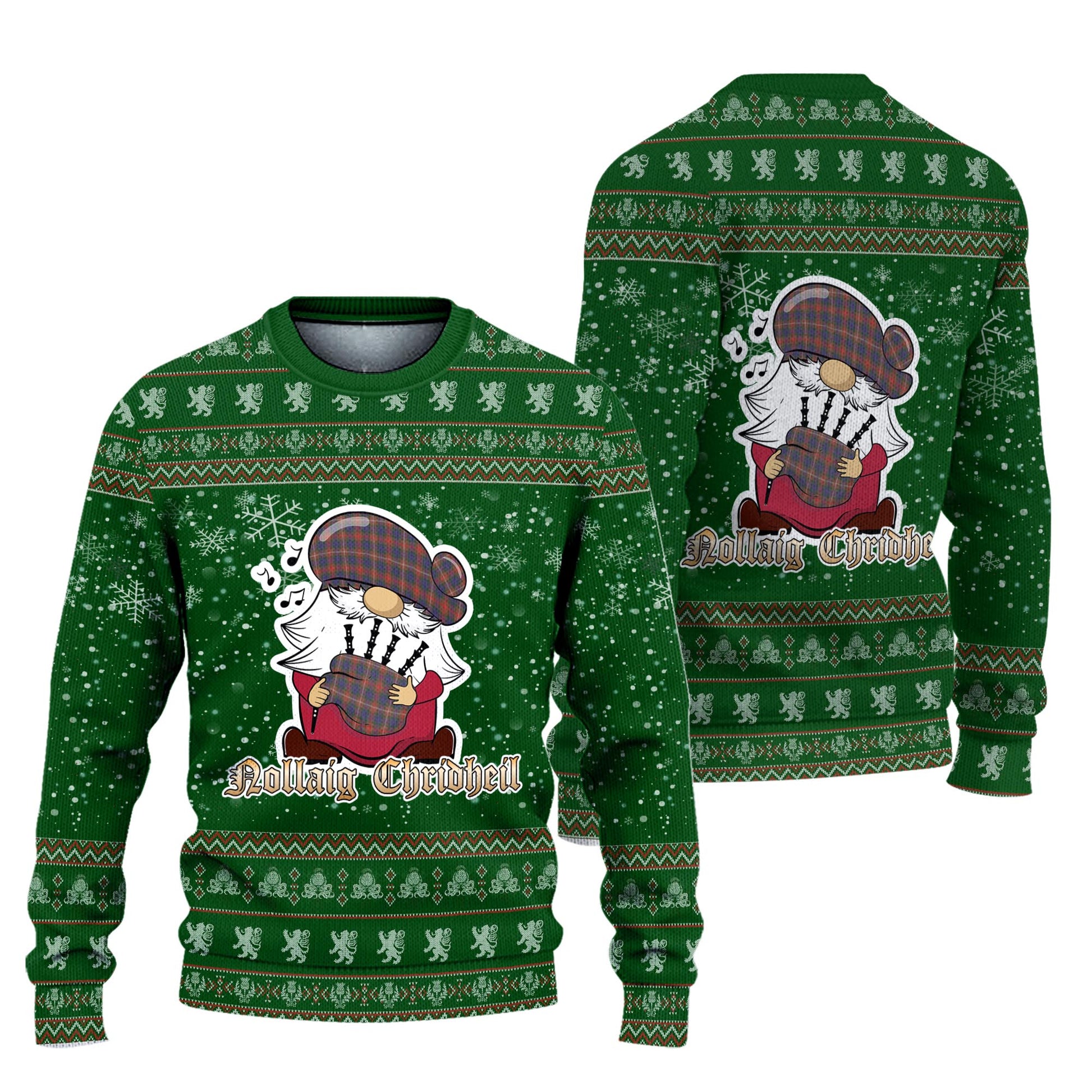 Fraser Hunting Modern Clan Christmas Family Knitted Sweater with Funny Gnome Playing Bagpipes Unisex Green - Tartanvibesclothing