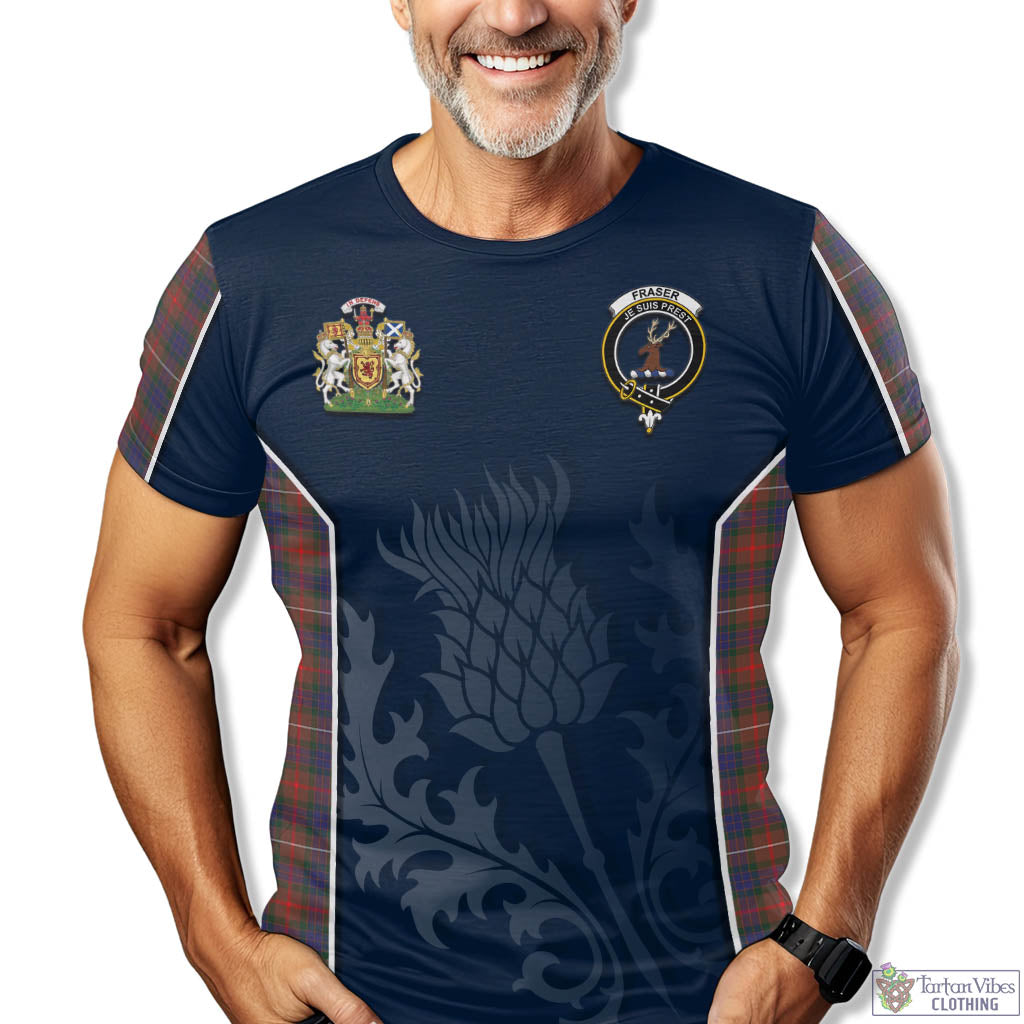 Tartan Vibes Clothing Fraser Hunting Modern Tartan T-Shirt with Family Crest and Scottish Thistle Vibes Sport Style