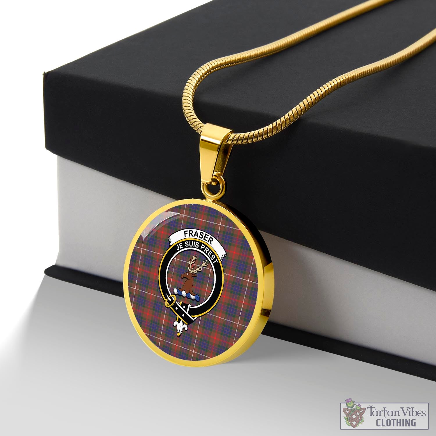 Tartan Vibes Clothing Fraser Hunting Modern Tartan Circle Necklace with Family Crest