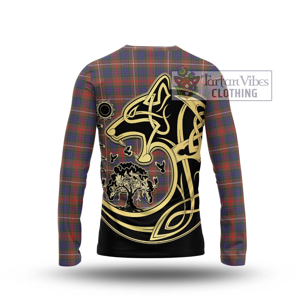 Tartan Vibes Clothing Fraser Hunting Modern Tartan Long Sleeve T-Shirt with Family Crest Celtic Wolf Style