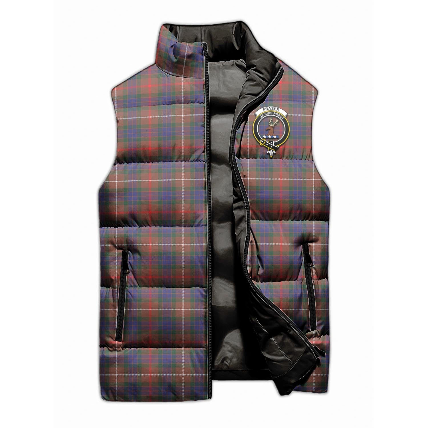Fraser Hunting Modern Tartan Sleeveless Puffer Jacket with Family Crest - Tartanvibesclothing