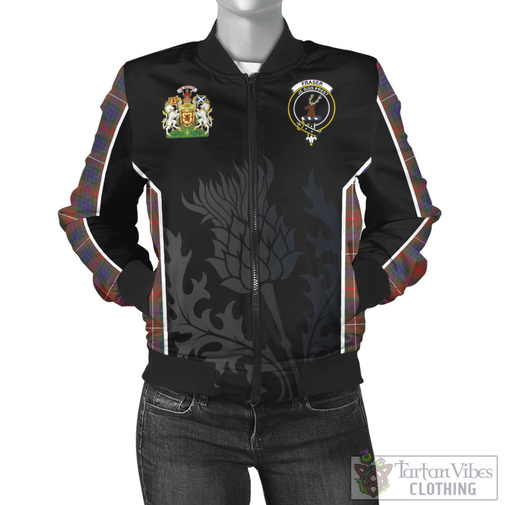 Tartan Vibes Clothing Fraser Hunting Modern Tartan Bomber Jacket with Family Crest and Scottish Thistle Vibes Sport Style