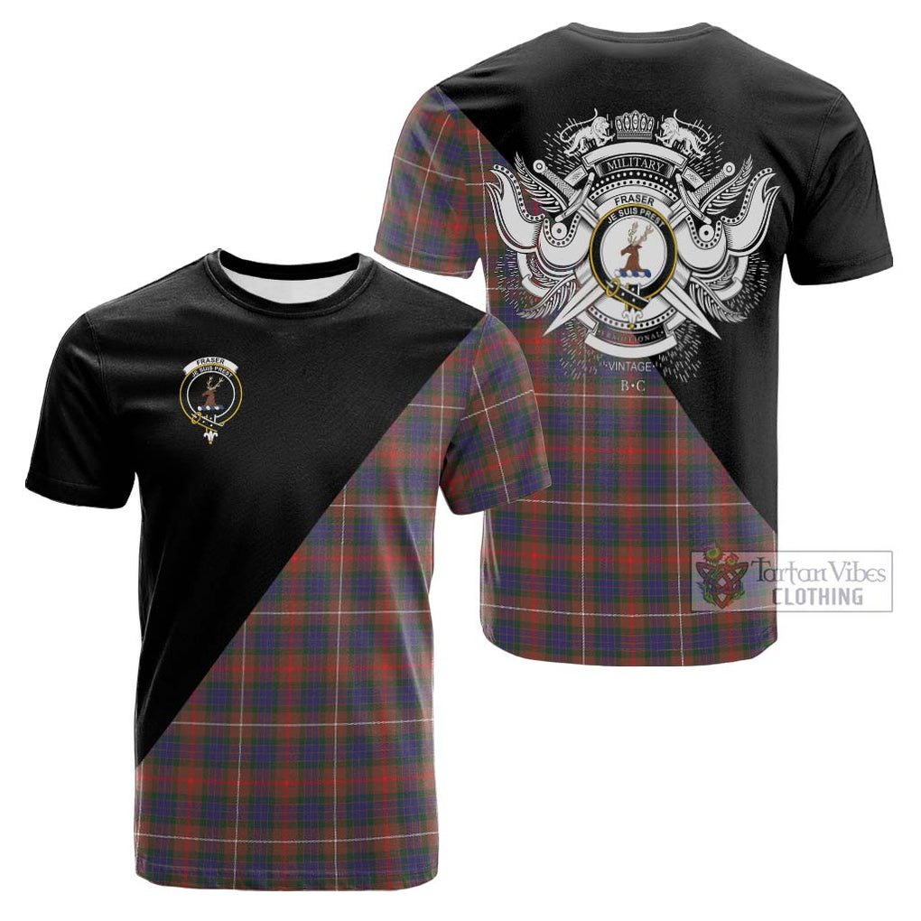 Tartan Vibes Clothing Fraser Hunting Modern Tartan Cotton T-shirt with Family Crest and Military Logo Style