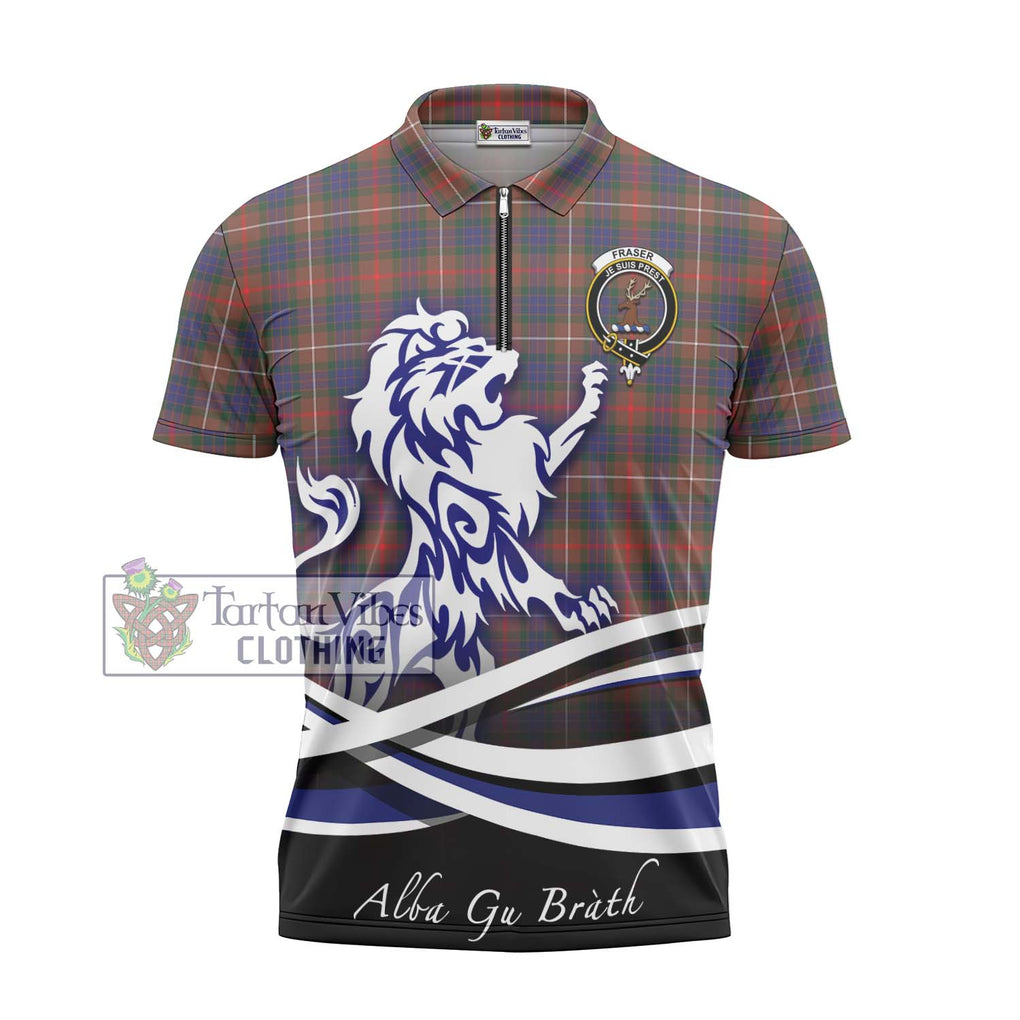 Fraser Hunting Modern Tartan Zipper Polo Shirt with Alba Gu Brath Regal Lion Emblem - Tartanvibesclothing Shop