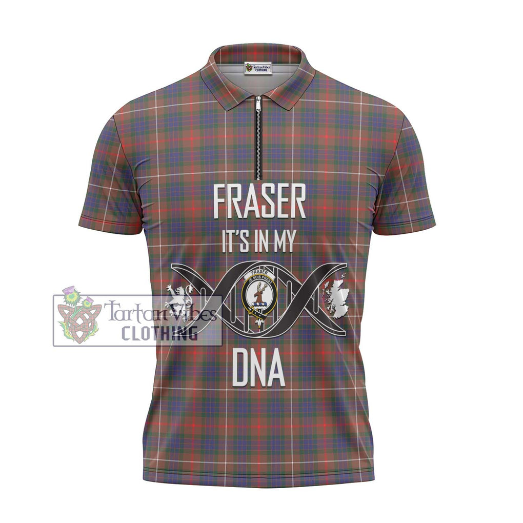 Fraser Hunting Modern Tartan Zipper Polo Shirt with Family Crest DNA In Me Style - Tartanvibesclothing Shop