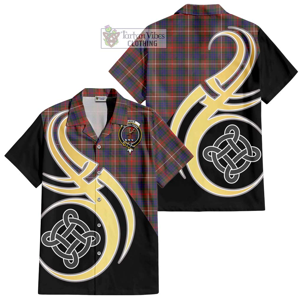 Fraser Hunting Modern Tartan Short Sleeve Button Shirt with Family Crest and Celtic Symbol Style - Tartan Vibes Clothing