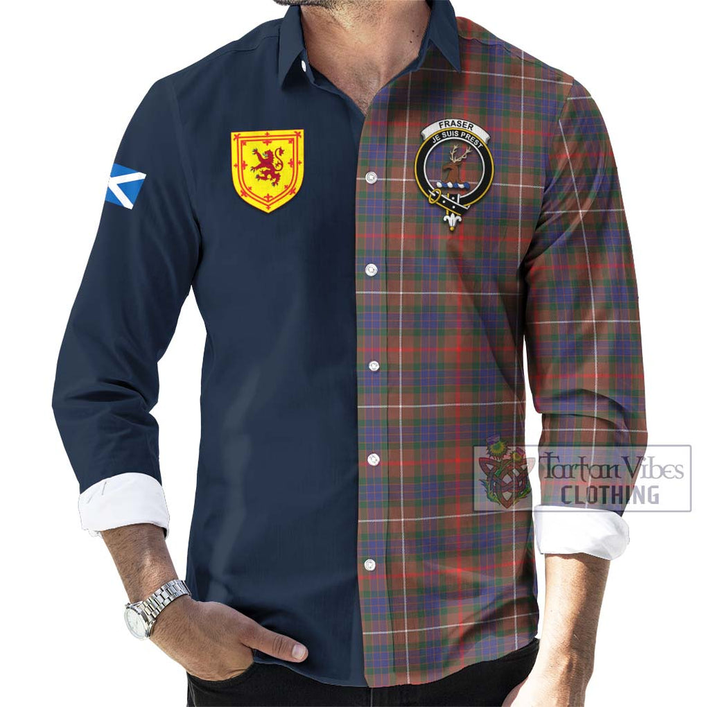 Tartan Vibes Clothing Fraser Hunting Modern Tartan Long Sleeve Button Shirt with Scottish Lion Royal Arm Half Style