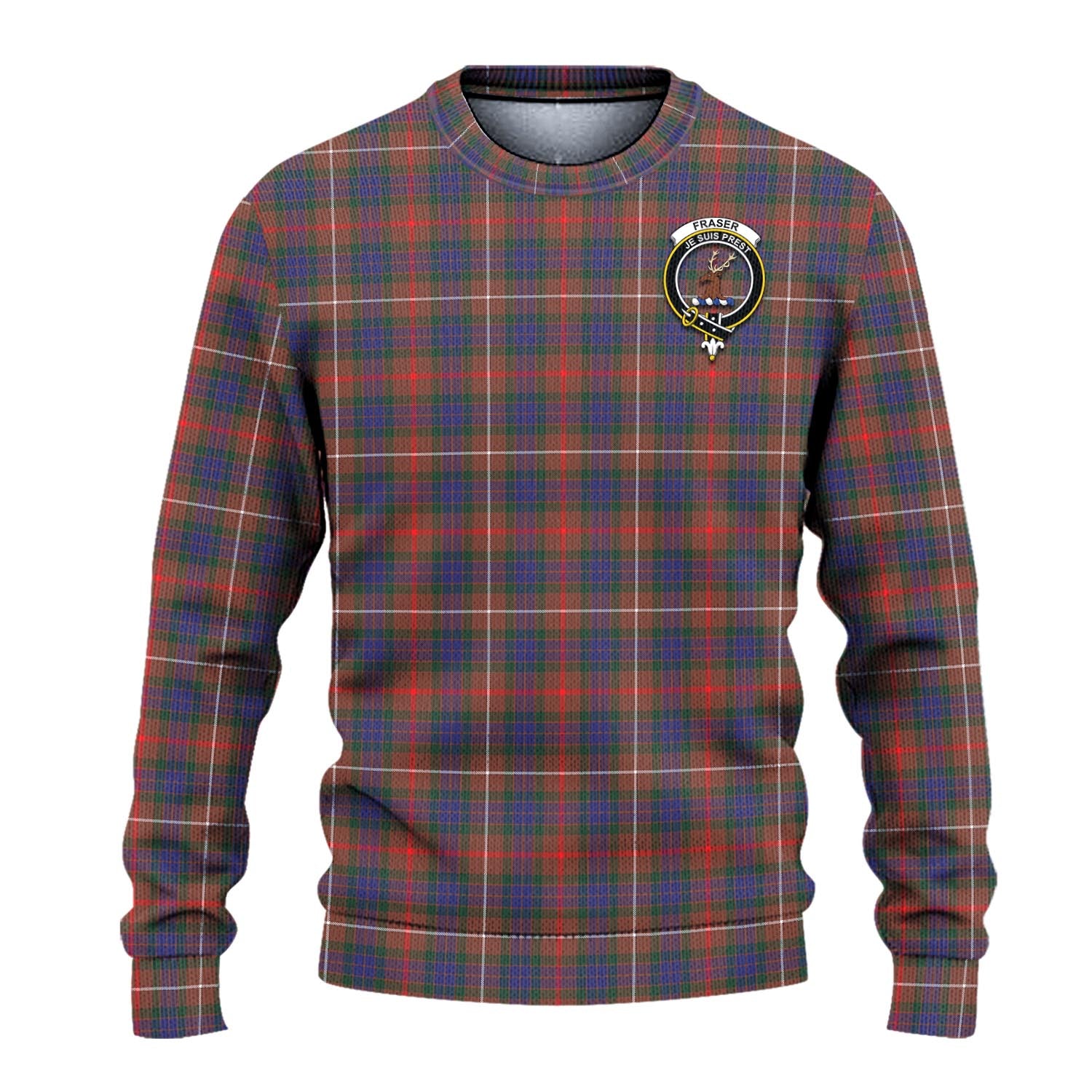 Fraser Hunting Modern Tartan Knitted Sweater with Family Crest - Tartanvibesclothing