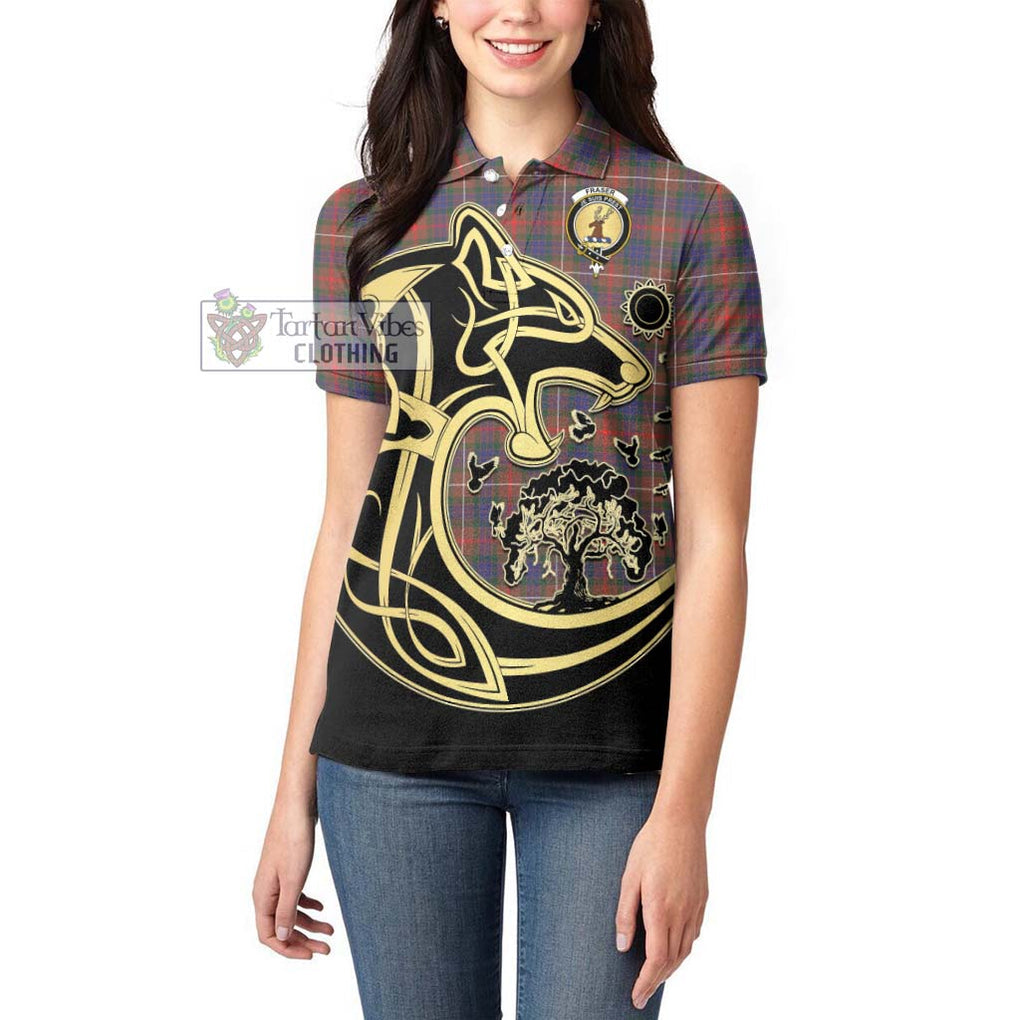 Fraser Hunting Modern Tartan Women's Polo Shirt with Family Crest Celtic Wolf Style - Tartanvibesclothing Shop