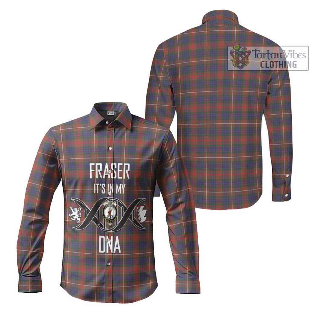 Fraser Hunting Modern Tartan Long Sleeve Button Shirt with Family Crest DNA In Me Style Men's Shirt - Tartanvibesclothing Shop