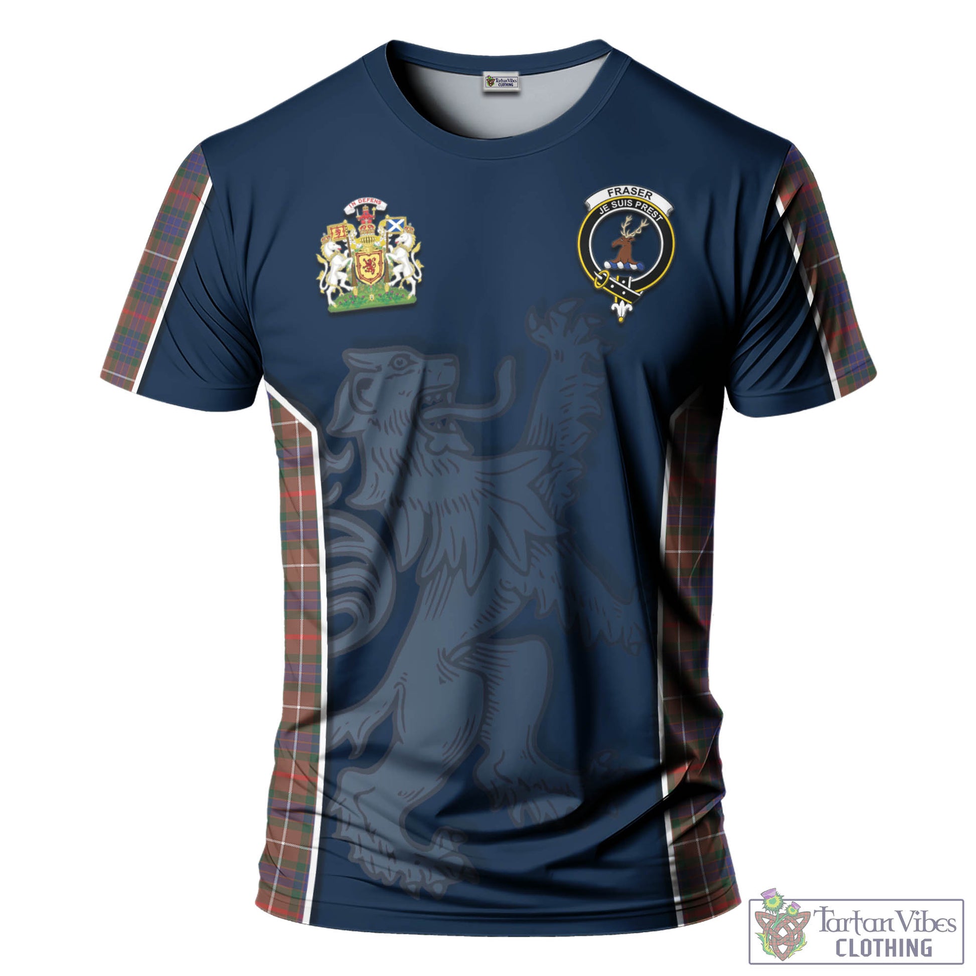 Tartan Vibes Clothing Fraser Hunting Modern Tartan T-Shirt with Family Crest and Lion Rampant Vibes Sport Style