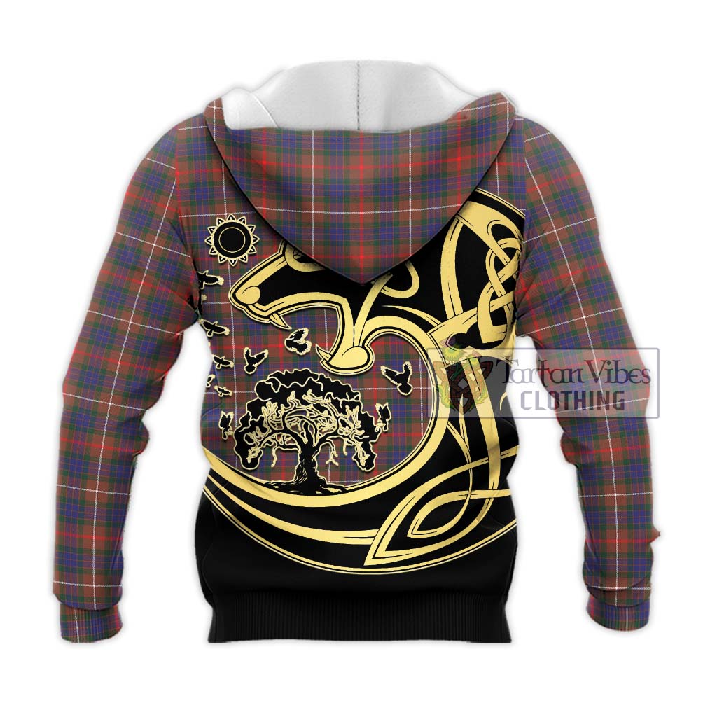 Tartan Vibes Clothing Fraser Hunting Modern Tartan Knitted Hoodie with Family Crest Celtic Wolf Style