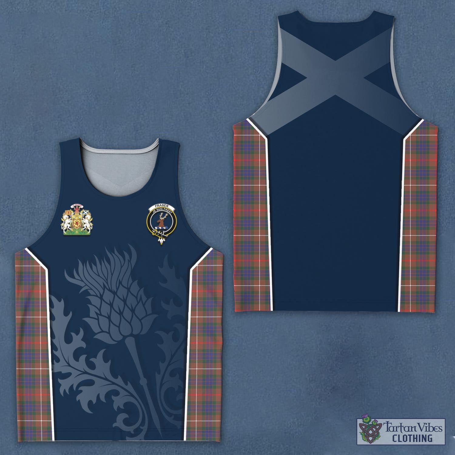 Tartan Vibes Clothing Fraser Hunting Modern Tartan Men's Tanks Top with Family Crest and Scottish Thistle Vibes Sport Style