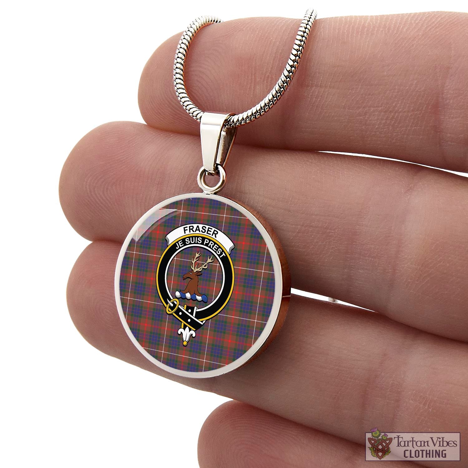 Tartan Vibes Clothing Fraser Hunting Modern Tartan Circle Necklace with Family Crest