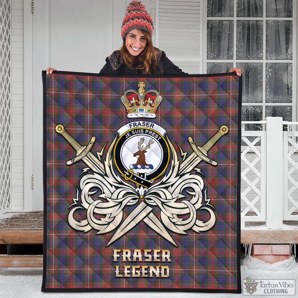 Tartan Vibes Clothing Fraser Hunting Modern Tartan Quilt with Clan Crest and the Golden Sword of Courageous Legacy