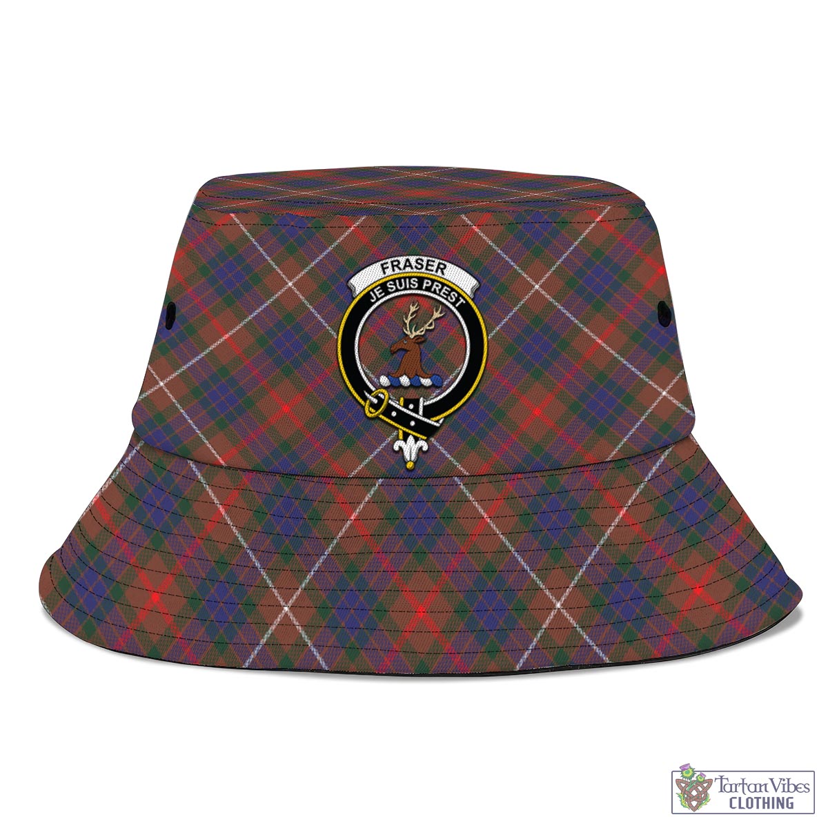 Tartan Vibes Clothing Fraser Hunting Modern Tartan Bucket Hat with Family Crest