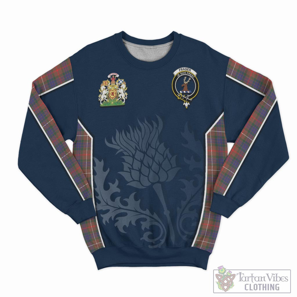Tartan Vibes Clothing Fraser Hunting Modern Tartan Sweatshirt with Family Crest and Scottish Thistle Vibes Sport Style